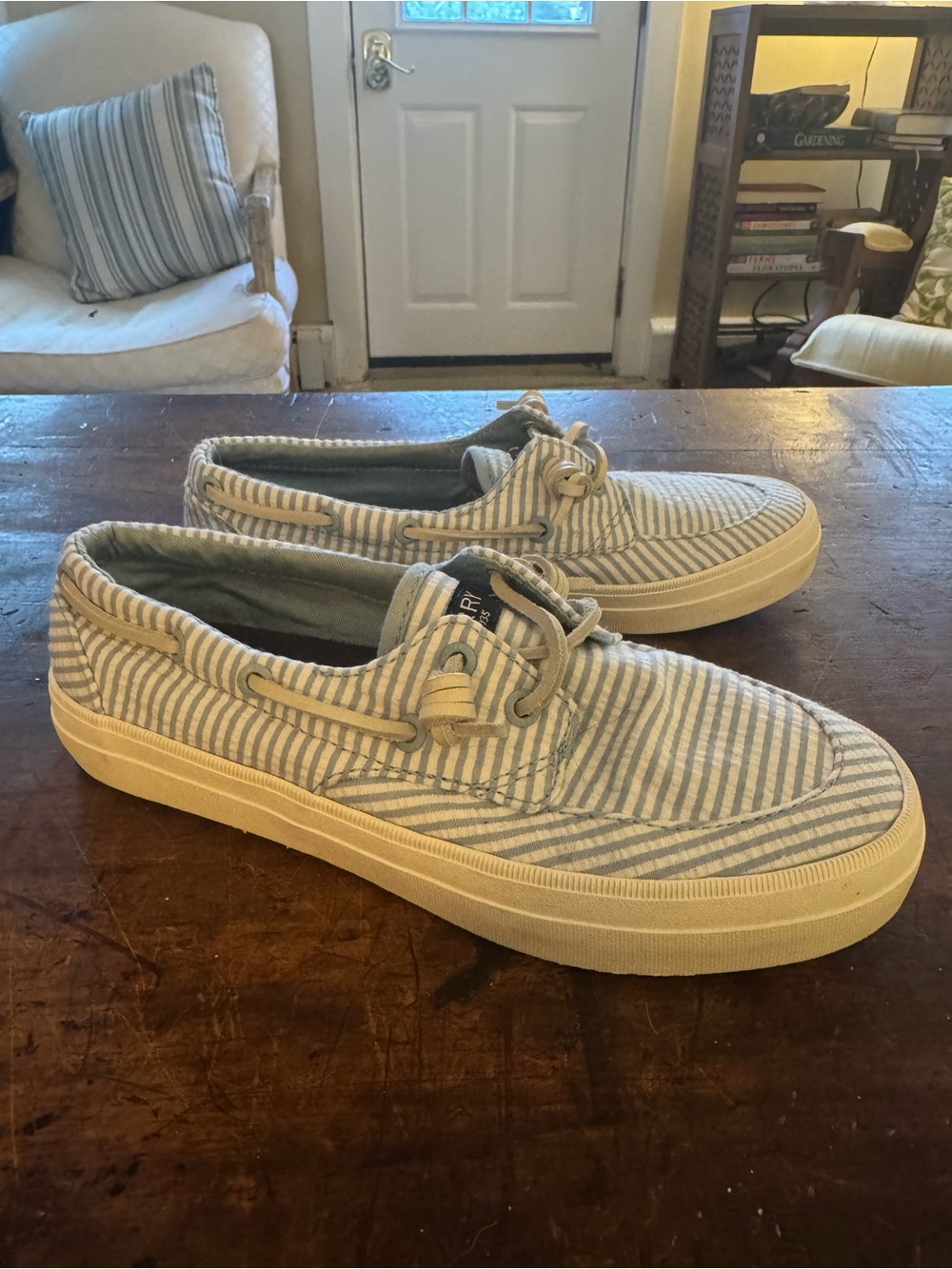 Womens Casual Striped Canvas Boat Shoes - Blue & White Size 5.5